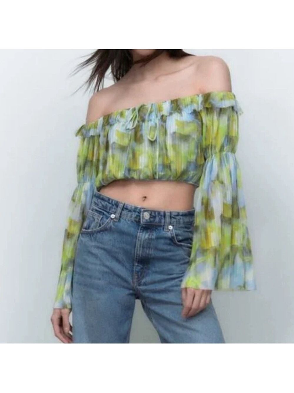 Zara Printed Tulle Cropped Top bell sleeves ruffles Green Yellow Sz S